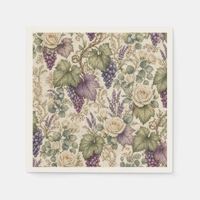 Servilleta De Papel Uvas Antiguas, Lavanda y Rosas Blancas (Anverso)