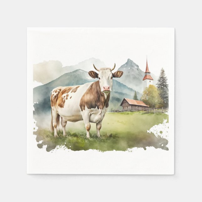 Servilleta De Papel Vaca acuarela En El Valle De Las Montañas (Anverso)
