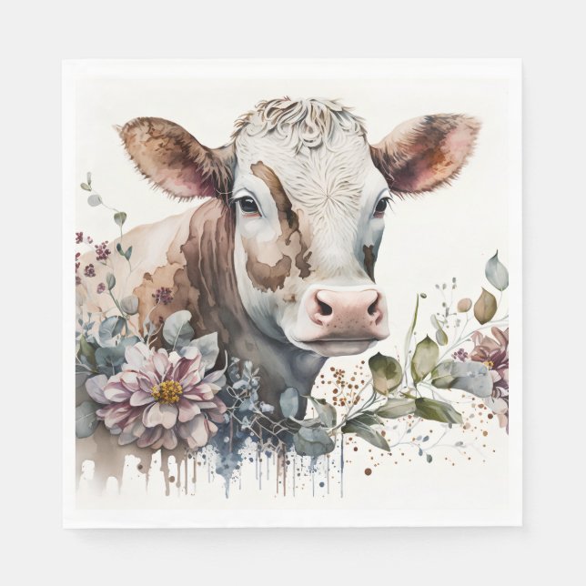 Servilleta De Papel Vaca acuarela En Flores Silvestres (Anverso)