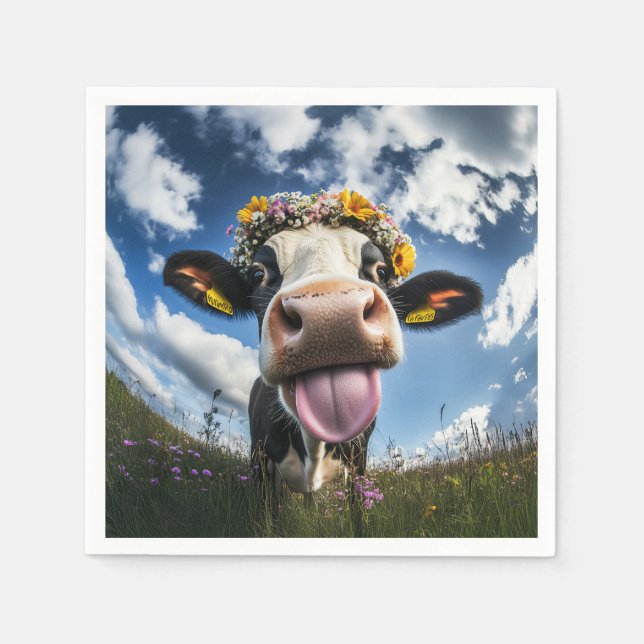 Servilleta De Papel Vaca alegre en flor (Anverso)