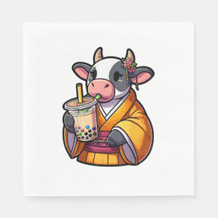 Servilleta De Papel Vaca bebiendo té de burbujas kimono japonés