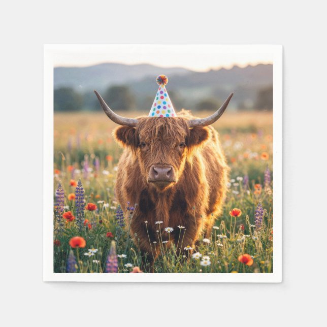 Servilleta De Papel Vaca de las Tierras Altas con sombrero de cumpleañ (Anverso)