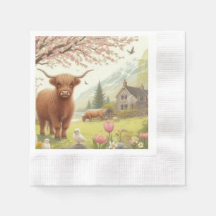 Servilleta De Papel Vaca de tierras altas, con flores y primavera