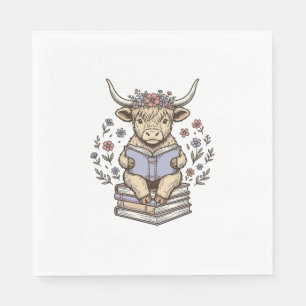 Servilleta De Papel Vaca Floral Leyendo Libros Diseño Vintage Apilado_