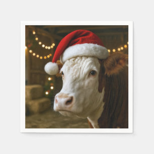 Servilleta De Papel Vaca Hereford de Navidad con sombrero de Santa