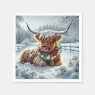 Servilleta De Papel Vaca Highland de navidades con guirnalda