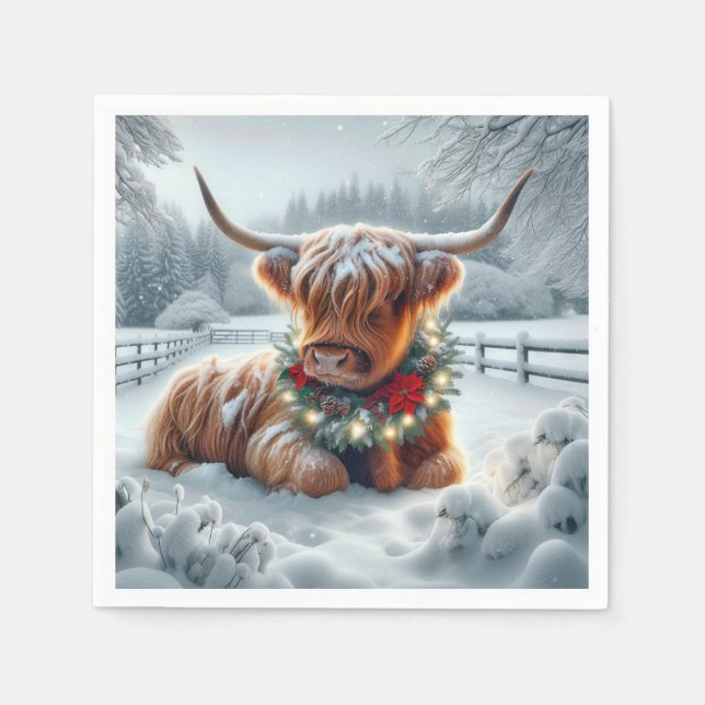 Servilleta De Papel Vaca Highland de navidades con guirnalda (Anverso)