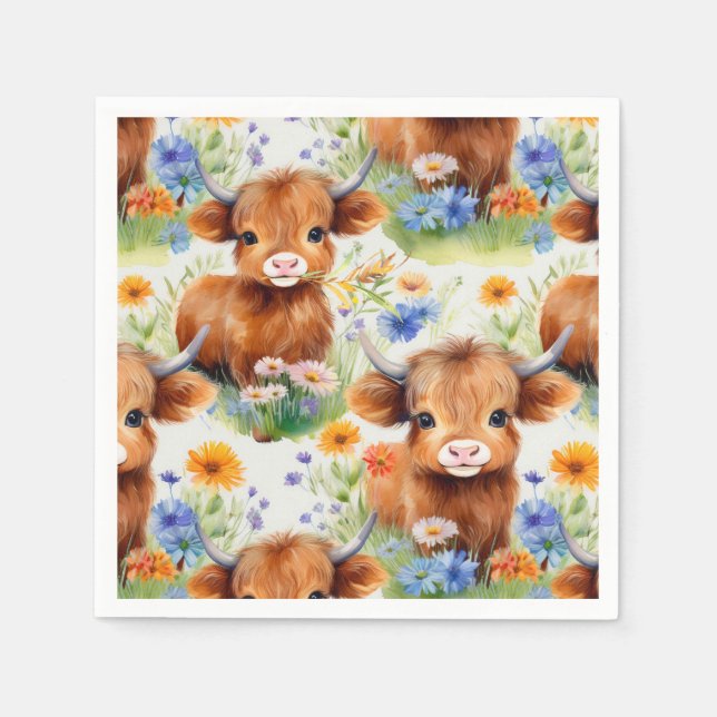 Servilleta De Papel Vaca Highland en flores silvestres (Anverso)