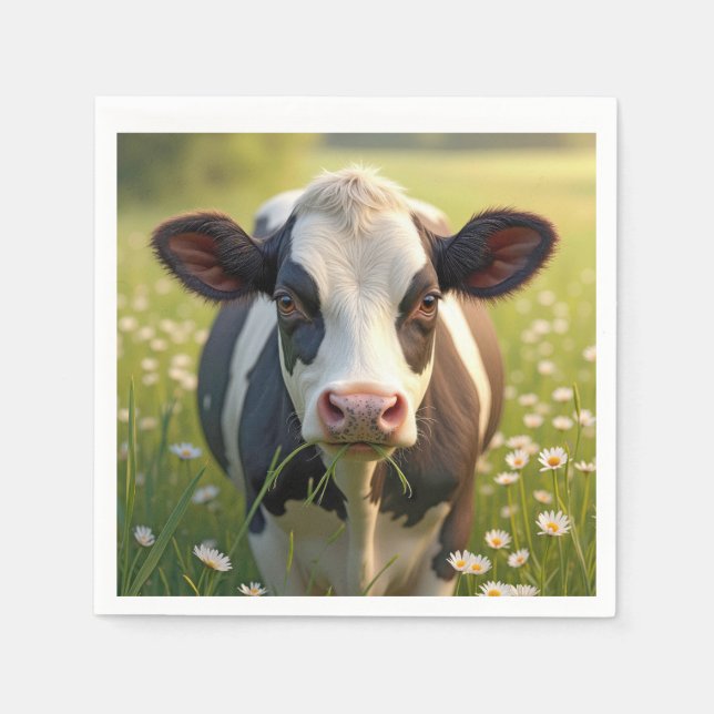 Servilleta De Papel Vaca Holstein En Pastel Verde Con Daisies (Anverso)