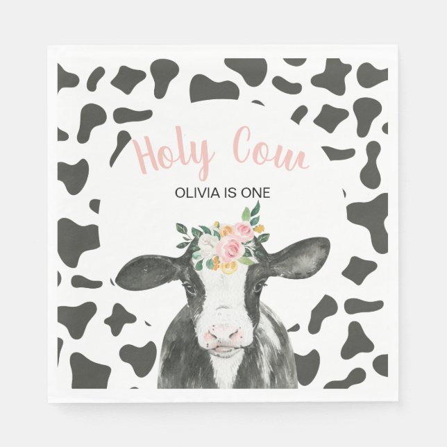 Servilleta De Papel Vaca Sagrada Cumpleaños Floral de Gingham Rosa (Anverso)