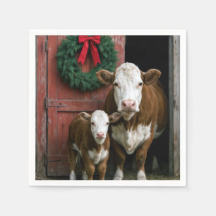 Servilleta De Papel Vaca y ternero Hereford en Navidad