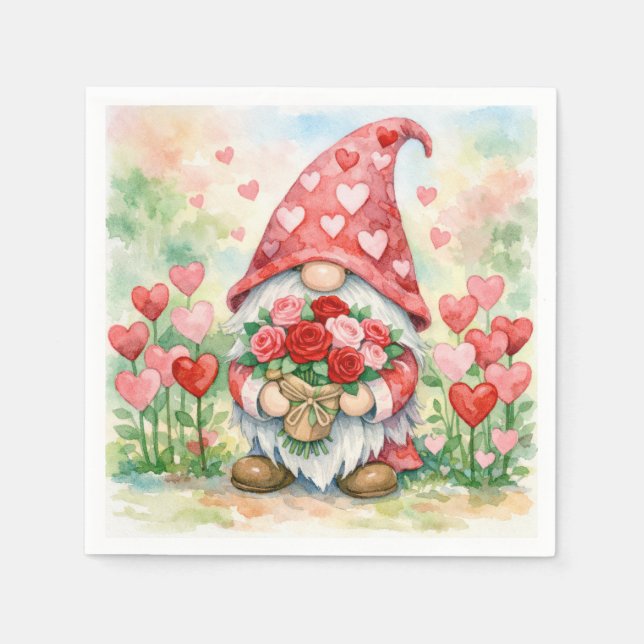Servilleta De Papel Valentine Gnome with Red Roses (Anverso)