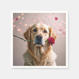 Servilleta De Papel Valentine Golden Retriever con rosa rojo