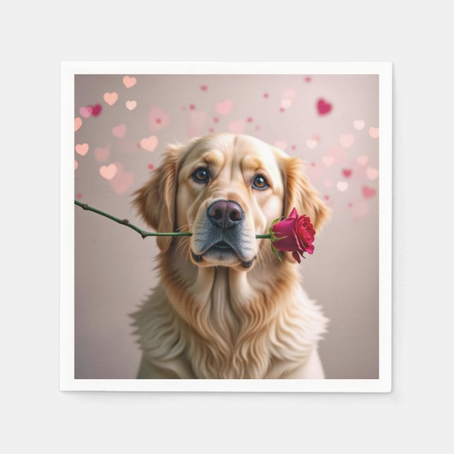 Servilleta De Papel Valentine Golden Retriever con rosa rojo (Anverso)