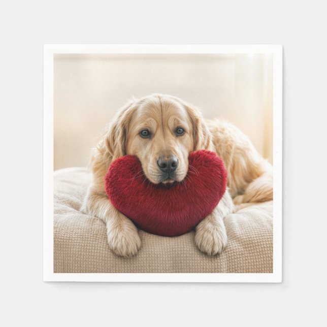 Servilleta De Papel Valentine Golden Retriever with Heart Pillow (Anverso)