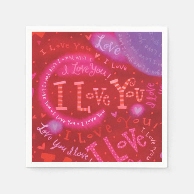 Servilleta De Papel Valentine Hearts Pink Red I Love You Typography (Anverso)