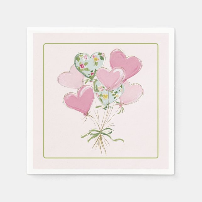 Servilleta De Papel Valentine's Heart Pink and Green Heart Balloons (Anverso)
