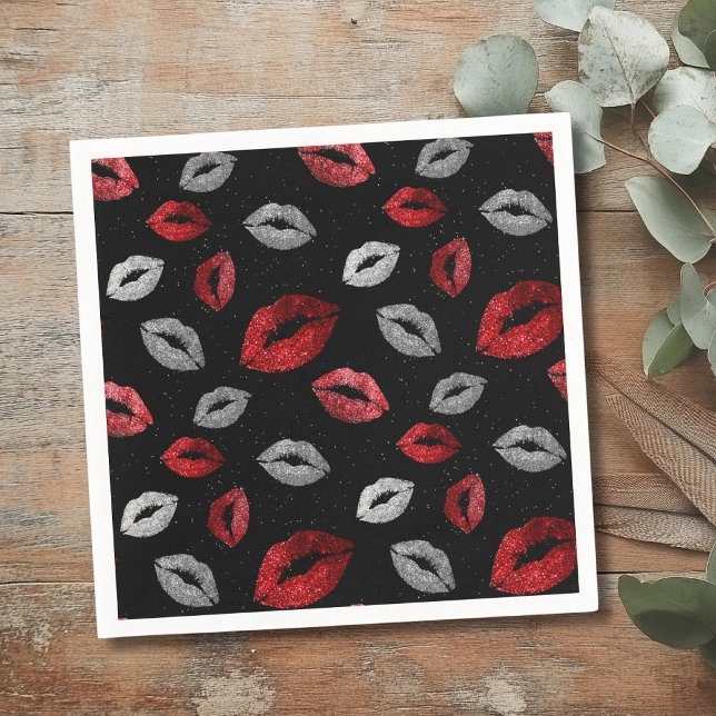 Servilleta De Papel Valentines Red Silver Glitter Lips on Black  (Subido por el creador)