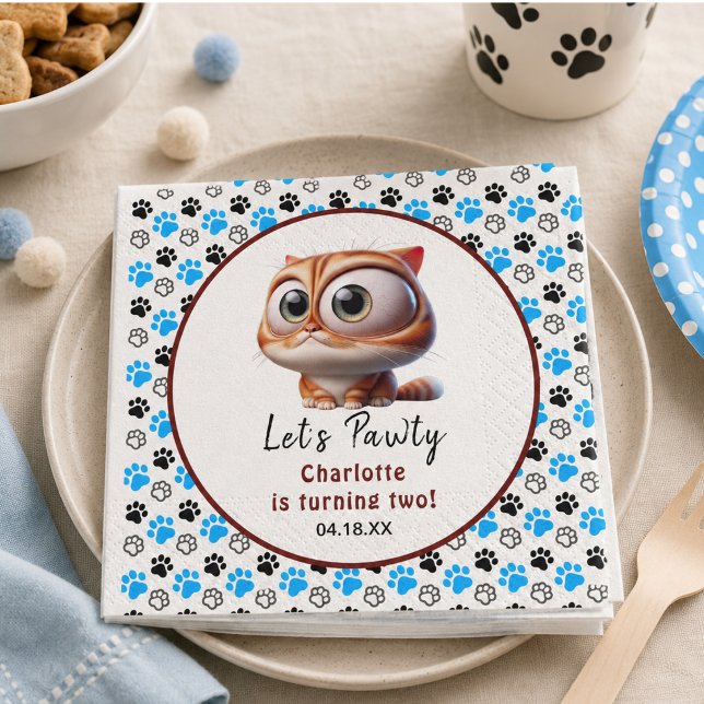 Servilleta De Papel ¡Vamos a Pawty! Cumpleaños 2 de Gato Adorable (Let's Pawty! Cute Cat 2nd Birthday Party Napkins)
