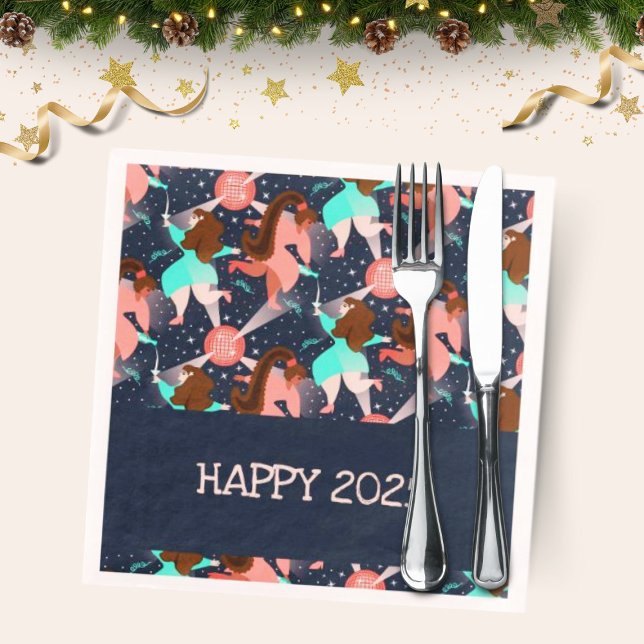 Servilleta De Papel ¡Vamos Fiesta! Año Nuevo (New Year party napkin with dancing people, stars and champagne.)