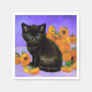 Servilleta De Papel Van Gogh Black Kitten con girasoles