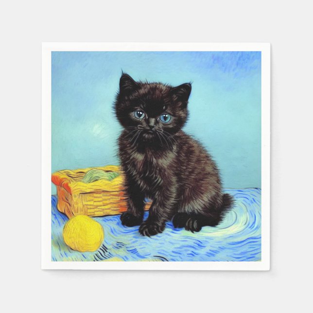 Servilleta De Papel Van Gogh Black Kitten con yarn (Anverso)