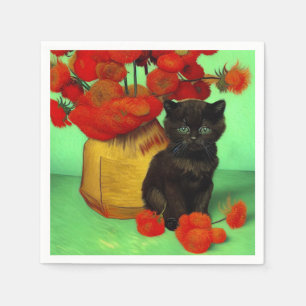 Servilleta De Papel Van Gogh Black Kitten Red Flowers