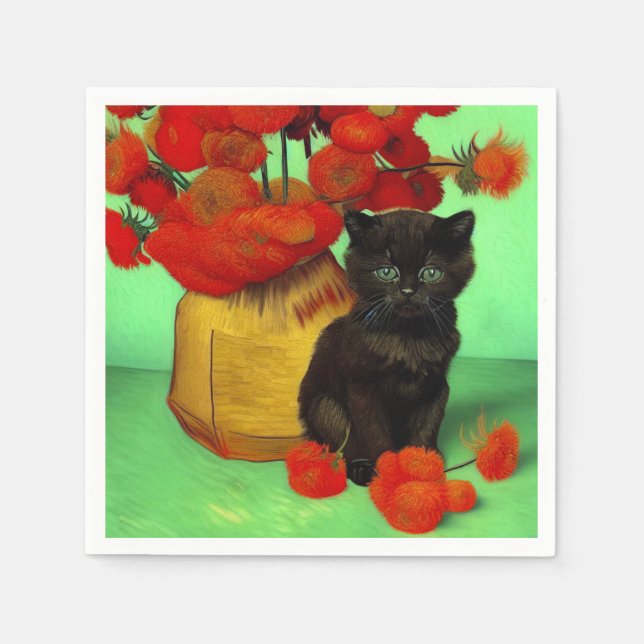 Servilleta De Papel Van Gogh Black Kitten Red Flowers (Anverso)