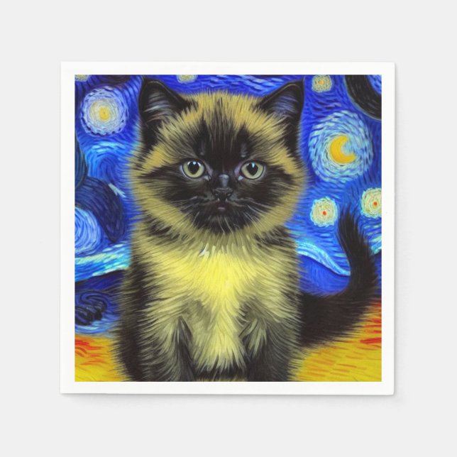 Servilleta De Papel Van Gogh Starry Night Siamese Cat (Anverso)