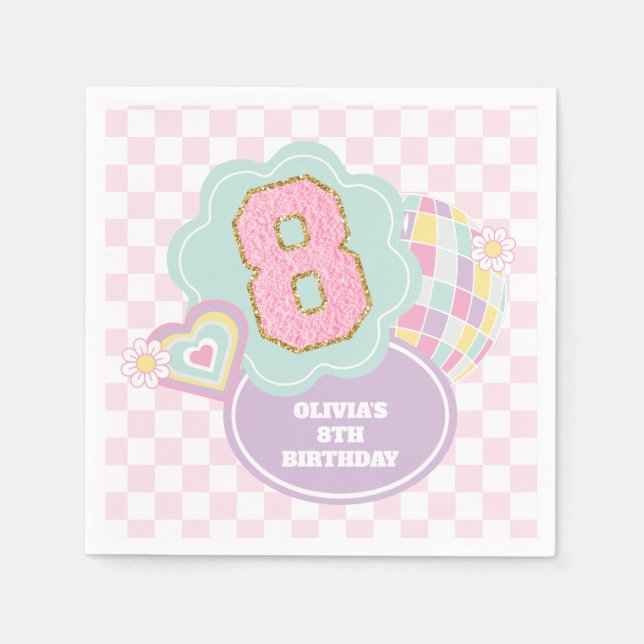 Servilleta De Papel Varsity preppy pastel parche 8 cumpleaños (Anverso)