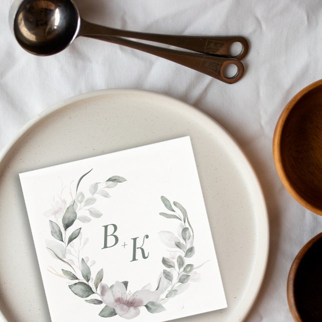 Servilleta De Papel Vegetación botánica Boda Wreath Monogram Napkin (sage green botanical wedding couple monograms napkins)