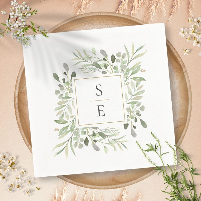 Servilleta De Papel Vegetación Foliage Gold Monograma Bodas Napkins (Greenery Foliage Gold Monogram Wedding Napkins)