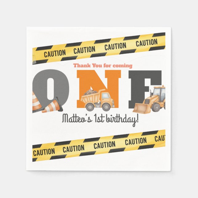 Servilleta De Papel Vehículos de Construcción Cumpleaños Número Uno Vo (Anverso)