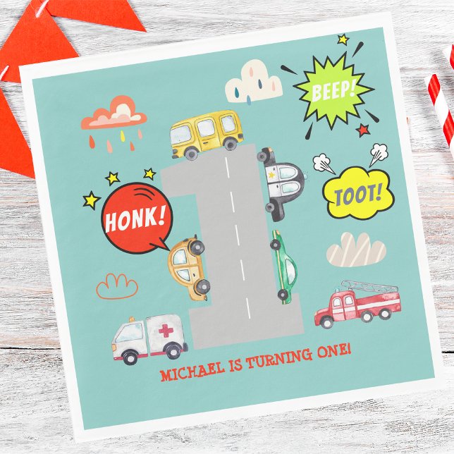 Servilleta De Papel Vehículos de pitido de hongos de primer cumpleaños (Subido por el creador)