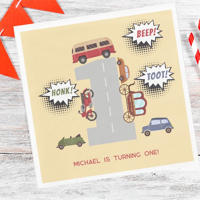 Servilleta De Papel Vehículos retro de pitido de hongos primer cumplea (Subido por el creador)