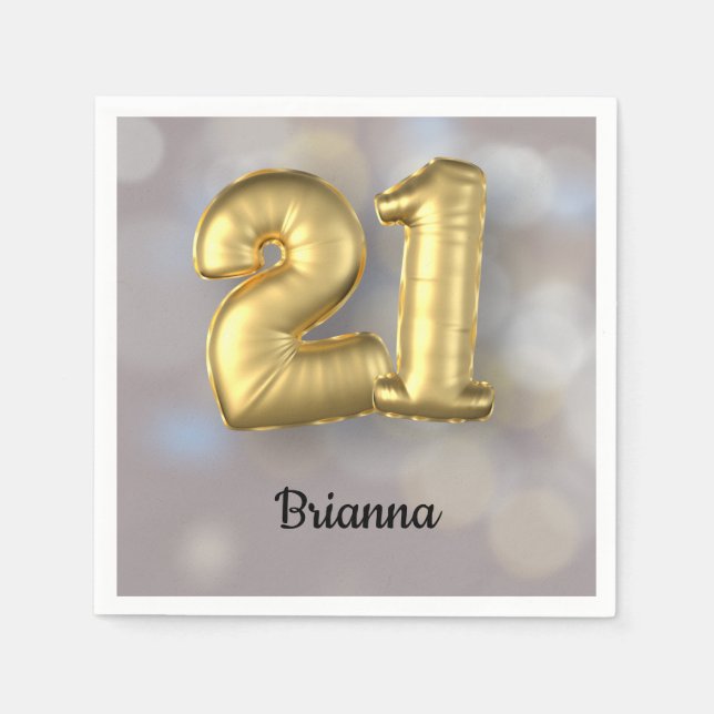 Servilleta De Papel Veintiún 21 globos de oro con nombre (Anverso)