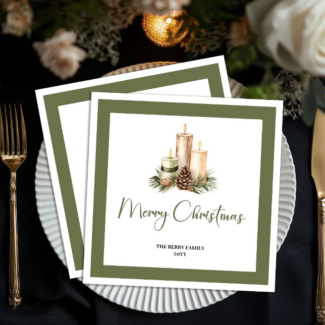 Servilleta De Papel Velas de Navidad de tonos terrosos rústicos con ap (Rustic Earth Tone Christmas Candles Family Name Napkins)