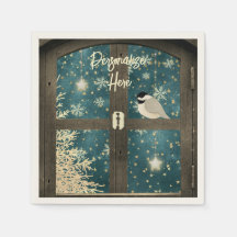 Ventana de cabaña rústica de invierno estrella cop