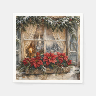 Servilleta De Papel Ventana de Navidad con Poinsettia Nevada