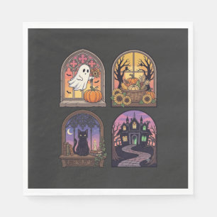 Servilleta De Papel Ventana Gótica de Halloween Fantasma Calabaza Gato