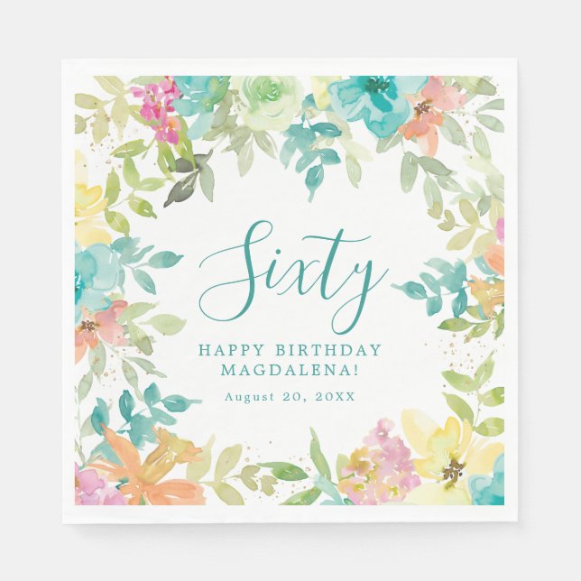 Servilleta De Papel Verano acuarela Personalizado Floral 60 cumpleaños (Anverso)
