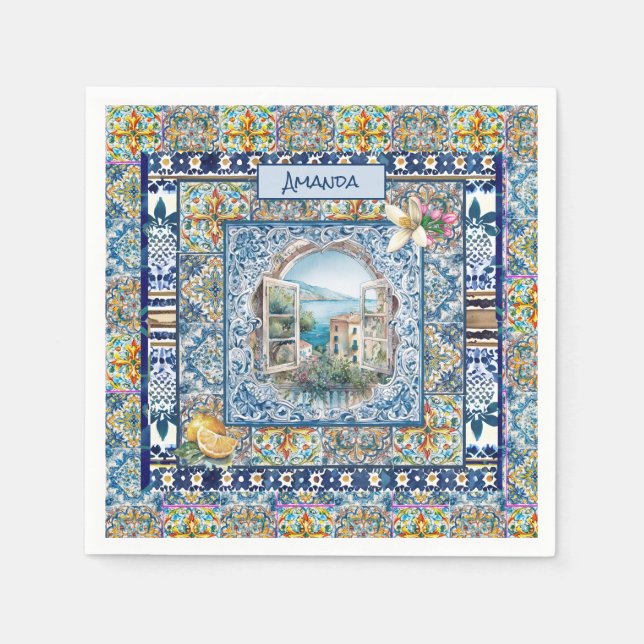 Servilleta De Papel verano azulejos azules florales italianos cítricos (Anverso)