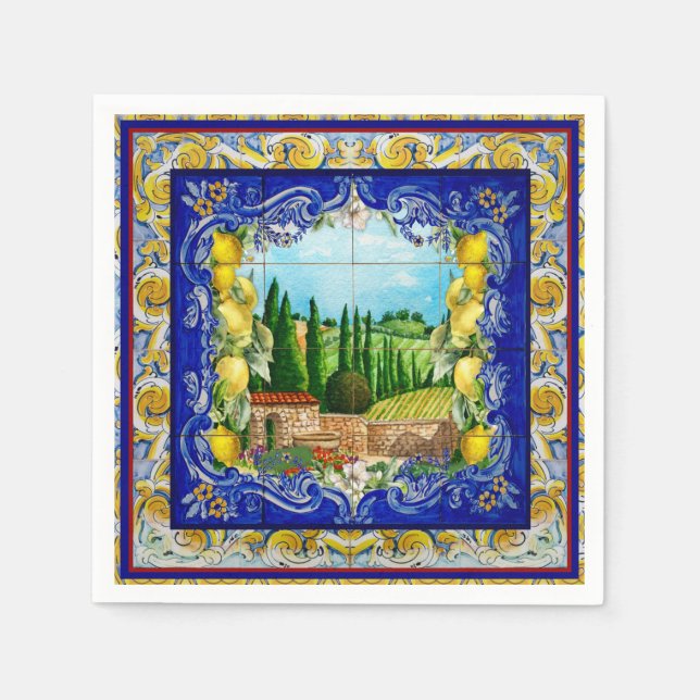 Servilleta De Papel verano italiano Majolica azulejos azul cítricos (Anverso)