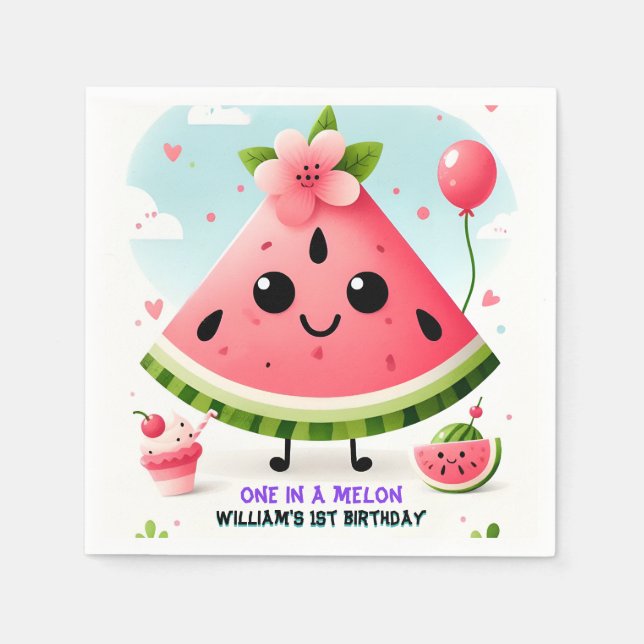 Servilleta De Papel verano rosa uno en un melón primer cumpleaños (Anverso)