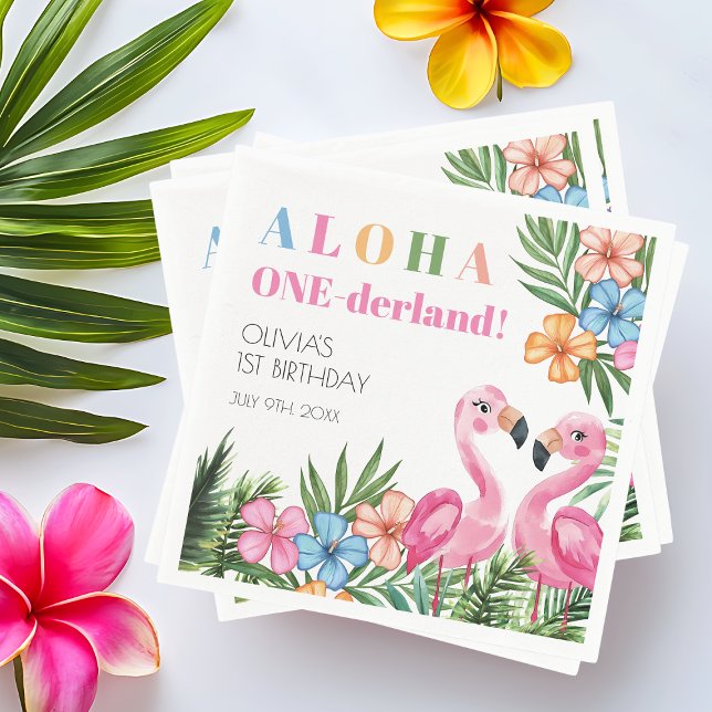 Servilleta De Papel Verano Tropical 1er  Cumpleaños Flamingo Onederlan (Tropical Summer 1st Flamingo Onederland Birthday Napkins)