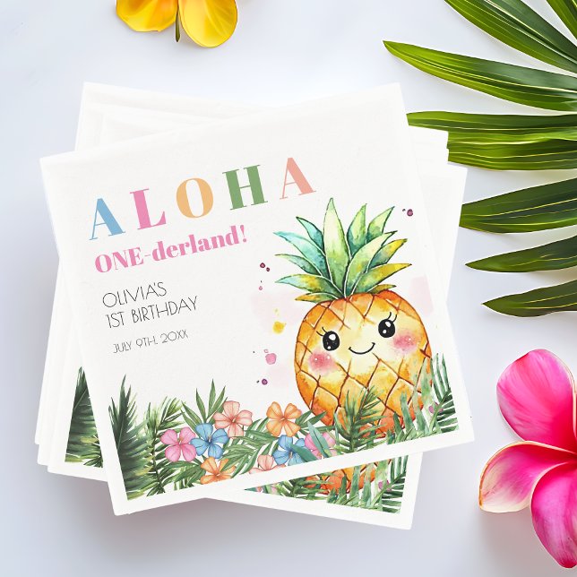 Servilleta De Papel Verano Tropical Piña Niños Primer Fiesta Cumpleaño (Tropical Summer Pineapple Kids 1st Birthday Party Napkins)