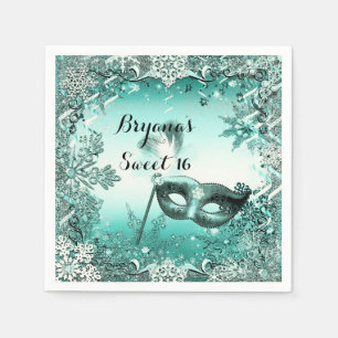Servilleta De Papel Verde Aqua Azul Invierno Máscara y Copos de Nieve