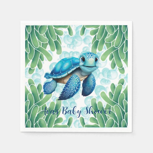 Servilleta De Papel Verde azulada Turtle Blue Sea Seaweed Boy Baby Sho (Anverso)