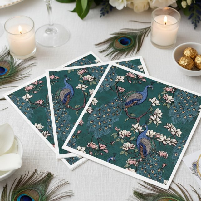 Servilleta De Papel Verde azulado de pavo real azul y magnolia (Elegant Teal Green Peacock Napkins. Colorful Blue Peacocks with Teal Feather Chinoiserie Pattern)