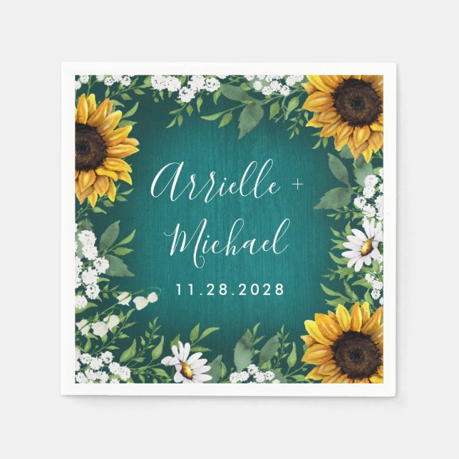 Servilleta De Papel Verde azulado País Girasol Rústica Boda Napkins (Anverso)